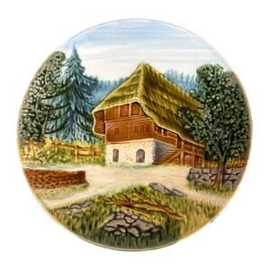 Vintage Schramberg Majolica Relief German Mountain Chalet 9” Plate